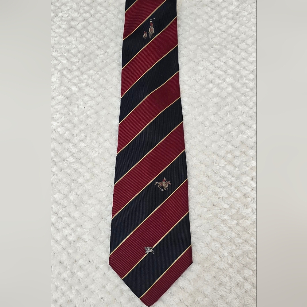 Burberrys London Vintage Silk Tie Red Navy Stripe Equestrian Knight Classic